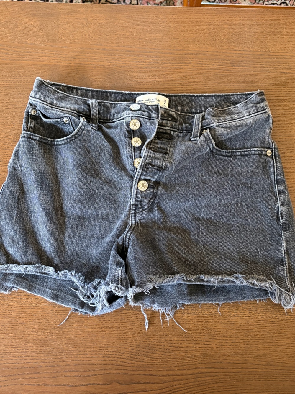 Abercrombie & Fitch Distressed Button-Front Denim Shorts - Dark Blue